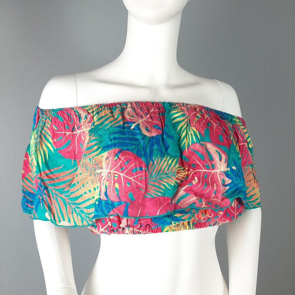 INGEAR RESORT Womens Off the Shoulder Crop Top One Size Blue Pink Palm Print